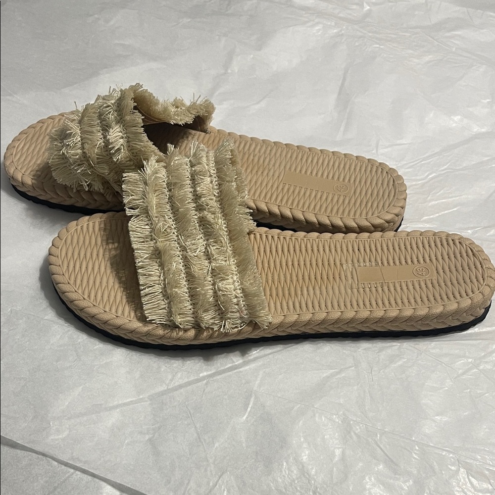 Fringed Slide Sandals in Beige - Women